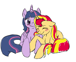 Size: 881x718 | Tagged: safe, artist:catlover1672, character:sunset shimmer, character:twilight sparkle, character:twilight sparkle (alicorn), species:alicorn, species:pony, ship:sunsetsparkle, blushing, cuddling, eyes closed, female, floppy ears, lesbian, mare, prone, shipping, simple background, snuggling
