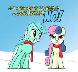 Size: 1382x1280 | Tagged: safe, artist:zoarvek, character:bon bon, character:lyra heartstrings, character:sweetie drops, bon bon is not amused, clothing, do you want to build a snowman, frozen (movie), scarf, winter