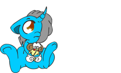 Size: 606x363 | Tagged: safe, artist:cotton, oc, oc only, species:pony, species:sheep, species:unicorn, curved horn, doll, featureless crotch, floppy ears, hair over one eye, horn, simple background, sitting, solo, transparent background, underhoof