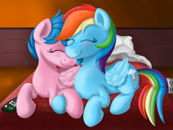 Size: 800x600 | Tagged: safe, artist:inurantchan, character:firefly, character:rainbow dash, species:pegasus, species:pony, comic:dash academy, ship:dashfly, g1, backwards cutie mark, bed, bedroom, blushing, cute, eyes closed, female, flyabetes, holding hooves, lesbian, mare, nose wrinkle, nuzzling, prone, remote control, semi-grimdark series, shipping, snuggling, suggestive series, wing fluff