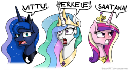 Size: 3100x1700 | Tagged: safe, artist:drako1997, character:princess cadance, character:princess celestia, character:princess luna, angry, dialogue, finnish, glare, gritted teeth, looking at you, open mouth, perkelestia, simple background, speech bubble, tongue out, transparent background, vulgar, wide eyes