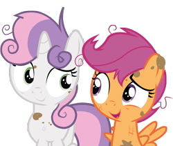 Size: 2305x1945 | Tagged: safe, artist:joemasterpencil, character:scootaloo, character:sweetie belle, species:pegasus, species:pony, ship:scootabelle, dirt, female, lesbian, shipping, simple background, transparent background