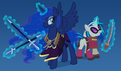 Size: 2028x1200 | Tagged: safe, artist:empty-10, character:dj pon-3, character:princess luna, character:vinyl scratch, species:alicorn, species:pony, species:unicorn, duo, female, glowing horn, hooves, horn, katana, levitation, magic, mare, polearm, samurai, smiling, solo, spread wings, sunglasses, sword, teeth, telekinesis, weapon, wings
