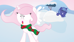 Size: 1366x768 | Tagged: safe, artist:t-3000, character:princess celestia, character:princess luna, cewestia, cute, filly, snow, snowball, snowball fight, story included, woona