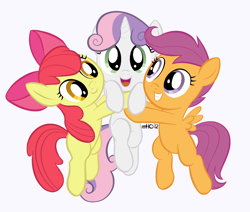 Size: 1182x1000 | Tagged: safe, artist:empty-10, character:apple bloom, character:scootaloo, character:sweetie belle, species:earth pony, species:pegasus, species:pony, species:unicorn, adorabloom, cute, cutealoo, cutie mark crusaders, diasweetes, female, filly, holding a pony, hug, simple background, white background