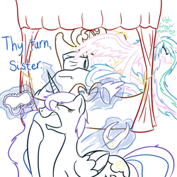 Size: 800x800 | Tagged: safe, artist:wryte, character:princess celestia, character:princess luna, newbie artist training grounds, bed, bed hair, bed mane, crown, drapes, lineart, morning, sleep mask, stretching, text, yawn