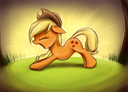 Size: 800x577 | Tagged: safe, artist:fajeh, character:applejack, backbend, female, solo, stretching, yawn
