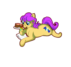 Size: 1366x1290 | Tagged: safe, artist:cotton, character:bon bon (g1), species:earth pony, species:pony, g1, my little pony tales, book, cookie, female, food, mare, mouth hold, prone, simple background, solo, transparent background, writing