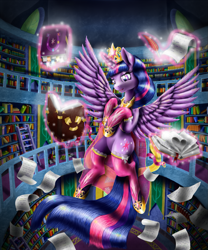 Size: 1125x1350 | Tagged: safe, artist:szafir87, character:twilight sparkle, character:twilight sparkle (alicorn), species:alicorn, species:pony, book, clothing, female, library, mare, paper, solo, stockings