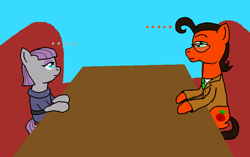Size: 500x313 | Tagged: safe, artist:crazynutbob, character:maud pie, oc, oc:tomato sandwich, awkward silence, business suit, date, stare