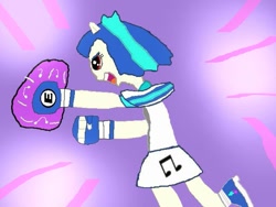 Size: 645x484 | Tagged: source needed, safe, artist:shafty817, character:dj pon-3, character:vinyl scratch, my little pony:equestria girls, boxing, breakdance dojo, breakdance martial arts, eared humanization, exeron fighters, exeron gloves, fight, fighter, fighting clothes, fighting game, humanized, martial arts, ponied up, pony ears, punch, red eyes, special moves, wub-a-dub punch!