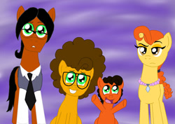 Size: 1024x727 | Tagged: safe, artist:crazynutbob, character:cheese sandwich, oc, oc:tomato sandwich, species:pony, bags under eyes, brothers, colt, family, family photo, father, frown, glasses, male, mother, smiling, younger