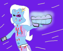 Size: 768x614 | Tagged: safe, artist:shafty817, character:trixie, my little pony:equestria girls, 1000 hours in ms paint, boxing, clothing, exeron fighters, exeron gloves, fight, fighter, fighting clothes, fighting game, midriff, ms paint, ponied up, pony ears, punch, shorts, tank top, trixie punch