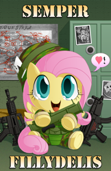 Size: 1100x1700 | Tagged: safe, artist:berrypawnch, character:fluttershy, ar15, berrypawnch is trying to murder us, chibi, clothing, cute, female, filly, gun, m4a1, m72 law, map, map of equestria, marines, mp5, no nose, rocket launcher, semper fi, shyabetes, solo, this will end in tears, uniform