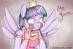 Size: 900x600 | Tagged: safe, artist:aquaticsun, character:twilight sparkle, character:twilight sparkle (alicorn), species:alicorn, species:anthro, crown, etiquette, hay burger, me gusta, messy eating, twilight burgkle, twilight slobble