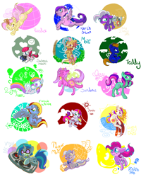 Size: 2100x2625 | Tagged: safe, artist:cotton, character:baby lickety split, character:dj pon-3, character:mayor mare, character:moki sunbright, character:pinkie pie, character:rosedust, character:sundance, character:sunny daze (g3), character:sweetheart, character:teddy, character:thistle whistle, character:vinyl scratch, g1, g2, g3, my little pony tales, female, g1 to g4, g2 to g4, g3 to g4, generation leap, high res, honolu-loo, ivy, lightheart, north star