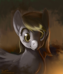 Size: 579x678 | Tagged: dead source, safe, artist:hinoraito, character:derpy hooves, species:pegasus, species:pony, bust, epic derpy, female, looking at you, mare, solo, spread wings, wings