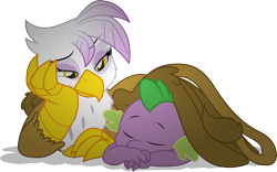 Size: 4786x2987 | Tagged: safe, artist:gray-gold, artist:mickeymonster, character:gilda, character:spike, species:dragon, species:griffon, ship:spilda, absurd resolution, eyes closed, female, male, simple background, sleeping, smiling, spikelove, straight, transparent background