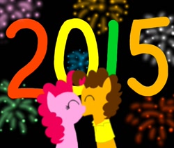 Size: 968x825 | Tagged: safe, artist:crazynutbob, character:cheese sandwich, character:pinkie pie, ship:cheesepie, 2015, black background, female, fireworks, happy new year, kissing, male, new year, shipping, simple background, straight