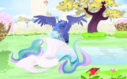 Size: 2400x1500 | Tagged: safe, artist:bigbuxart, character:princess celestia, character:princess luna, species:alicorn, species:pony, book, cute, eyes closed, female, filly, flower, garden, on side, playing, s1 luna, sisters, spread wings, water, wings, woona