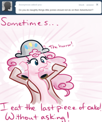 Size: 500x600 | Tagged: safe, artist:alipes, character:pinkie pie, ask, ask pinkie pierate, bicorne, clothing, female, hat, pirate, solo, tumblr