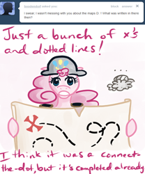 Size: 500x600 | Tagged: safe, artist:alipes, character:pinkie pie, ask, ask pinkie pierate, bicorne, clothing, hat, map, pirate, sir lintsalot, tumblr