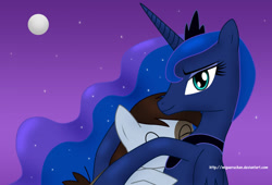 Size: 1326x900 | Tagged: safe, artist:migueruchan, character:pipsqueak, character:princess luna, species:alicorn, species:earth pony, species:pony, ship:lunapip, colt, female, hug, male, mare, night, shipping, straight