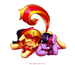Size: 3720x3216 | Tagged: safe, artist:vulpessentia, character:sunset shimmer, character:twilight sparkle, character:twilight sparkle (alicorn), species:alicorn, species:pony, ship:sunsetsparkle, blushing, female, lesbian, mare, raised tail, shipping