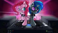 Size: 1920x1080 | Tagged: safe, artist:twilightsquare, character:dj pon-3, character:pinkie pie, character:vinyl scratch, species:earth pony, species:pony, species:unicorn, duo, duo female, female, mare, turntable