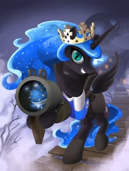 Size: 768x1024 | Tagged: safe, artist:don-ko, character:nightmare moon, character:princess luna, species:alicorn, species:pony, crossover, crown, demoman, eyeaduct, female, jewelry, mare, regalia, smiling, solo, team fortress 2