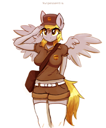 Size: 800x968 | Tagged: dead source, safe, artist:vulpessentia, character:derpy hooves, species:anthro, species:pegasus, g4, breasts, busty derpy hooves, clothing, cute, derpabetes, eye clipping through hair, female, mare, salute, simple background, socks, solo, spread wings, uniform, ups, wings