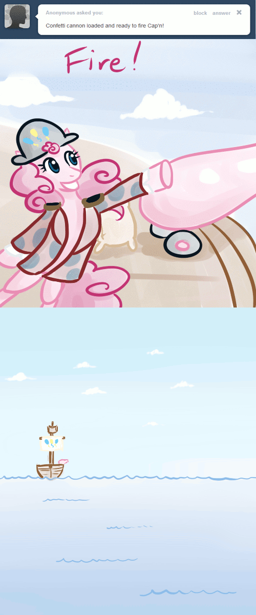 Size: 500x1200 | Tagged: safe, artist:alipes, character:pinkie pie, species:pony, animated, ask, ask pinkie pierate, bicorne, bipedal, cannon, clothing, confetti, female, hat, madame leflour, pirate, ship, tumblr