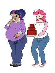 Size: 1500x2000 | Tagged: dead source, safe, artist:bigponiesinc, character:pinkie pie, character:twilight sparkle, species:human, ship:twinkie, ask feedee twilight, belly, breasts, cake, chubby, converse, cute, fat, feedee, feeder, female, food, humanized, lesbian, red velvet cake, shipping, simple background, thighlight sparkle, transparent background, twilard sparkle, weight gain