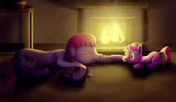 Size: 1200x700 | Tagged: safe, artist:subjectnumber2394, character:berry punch, character:berryshine, character:ruby pinch, alcohol, bottle, drunk, fire, fireplace, mother and daughter, passed out, sleeping, wine