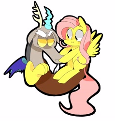 Size: 3648x3840 | Tagged: safe, artist:waackery, character:discord, character:fluttershy, species:draconequus, species:pegasus, species:pony, ship:discoshy, chibi, cute, discute, female, looking at each other, male, mare, missing cutie mark, outline, shipping, shyabetes, simple background, sitting, sitting on person, smiling, spread wings, straight, white background, why the long face, wings