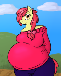Size: 1000x1250 | Tagged: safe, artist:bigponiesinc, character:apple bloom, species:anthro, alternate hairstyle, apple blob, bbw, belly, big belly, big breasts, bow, breasts, chubby, clothing, fat, female, hips, obese, older, solo, sweater, wide hips