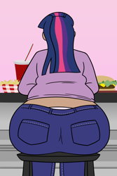 Size: 1000x1500 | Tagged: dead source, safe, artist:bigponiesinc, character:twilight sparkle, species:human, ask feedee twilight, ass, behind, burger, chubby, drink, fat, food, french fries, humanized, large butt, sitting, soda, stool, stuffed, the ass was fat, twibutt, twilard sparkle, twilight burgkle, twilight has a big ass