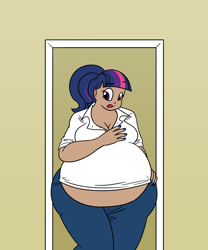 Size: 1250x1500 | Tagged: dead source, safe, artist:bigponiesinc, character:twilight sparkle, species:human, alternate hairstyle, ask feedee twilight, bbw, belly, big belly, chubby, cleavage, fat, female, hips, humanized, muffin top, nail polish, solo, thighlight sparkle, tight clothing, twilard sparkle, wide hips