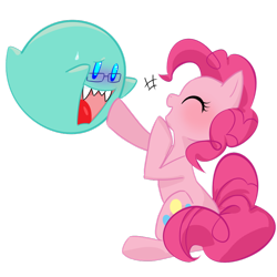 Size: 900x900 | Tagged: safe, artist:bigbuxart, character:pinkie pie, species:earth pony, species:pony, blushing, boo (super mario), crossover, cute, eyes closed, female, ghost, laughing, mare, open mouth, simple background, smiling, super mario bros., sweat, sweatdrop, transparent background