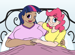 Size: 1280x951 | Tagged: dead source, safe, artist:bigponiesinc, character:pinkie pie, character:twilight sparkle, species:human, ship:twinkie, ask feedee twilight, bed, bedroom eyes, breasts, busty pinkie pie, busty twilight sparkle, chubby, cuddling, fat, female, humanized, in bed, lesbian, shipping, snuggling, twilard sparkle