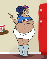 Size: 1000x1250 | Tagged: dead source, safe, artist:bigponiesinc, character:twilight sparkle, species:human, ask feedee twilight, bbw, belly, belly button, big belly, chubby, clothing, fat, feedee, hips, humanized, ice cream, midriff, muffin top, refrigerator, shorts, socks, spoon, thighlight sparkle, tumblr, twilard sparkle, wide hips