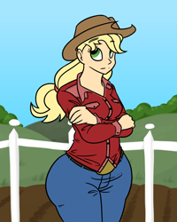Size: 1000x1250 | Tagged: dead source, safe, artist:bigponiesinc, character:applejack, species:human, applebucking thighs, ask feedee twilight, female, humanized, solo, wide hips