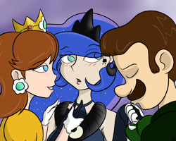 Size: 1000x800 | Tagged: safe, artist:wryte, character:princess luna, species:human, bisexual, blushing, clothing, crossover, crossover shipping, crown, female, flirting, gentlemen, hand kiss, holding hands, humanized, implied threesome, lesbian, luigi, male, princess daisy, shipping, straight, super mario bros., super mario land
