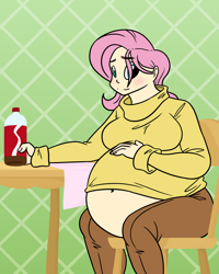 Size: 1000x1250 | Tagged: dead source, safe, artist:bigponiesinc, character:fluttershy, species:human, ask feedee twilight, bbw, belly, belly button, big belly, blushing, breasts, busty fluttershy, fat, fattershy, humanized, muffin top, sitting, soda