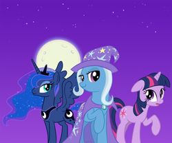 Size: 1800x1500 | Tagged: safe, artist:empty-10, character:princess luna, character:trixie, character:twilight sparkle, moon, raised hoof