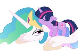 Size: 8560x5600 | Tagged: safe, artist:bri-sta, artist:mamandil, character:princess celestia, character:twilight sparkle, absurd resolution, colored, filly, filly twilight sparkle, kissing, momlestia, platonic kiss, simple background, sleepy, transparent background, vector