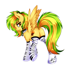 Size: 2200x2000 | Tagged: safe, artist:twigileia, oc, oc only, oc:wooden toaster, ponysona, species:pegasus, species:pony, bedroom eyes, bell, choker, clothing, cute, keyboard, looking at you, looking back, music notes, musician, plot, raised leg, socks, solo, spread wings, wings