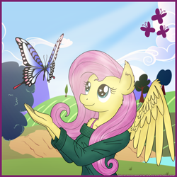 Size: 4000x4000 | Tagged: safe, artist:greenlinzerd, character:fluttershy, species:anthro, absurd resolution, beautiful, bra strap, butterfly, clothing, collarbone, ear fluff, extra pony, female, looking up, off shoulder, off shoulder sweater, outdoors, solo, starry eyes, sweater, sweatershy, traditional art, wingding eyes