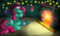 Size: 1778x1080 | Tagged: safe, artist:anscathmarcach, character:minty, g3, christmas, clothing, cute, fireplace, hot chocolate, mintabetes, socks