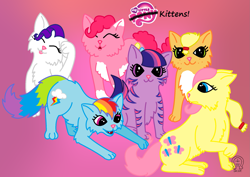 Size: 2045x1451 | Tagged: safe, artist:anscathmarcach, edit, character:applejack, character:fluttershy, character:pinkie pie, character:rainbow dash, character:rarity, character:twilight sparkle, cat, gradient background, logo, logo edit, mane six, my little x, species swap